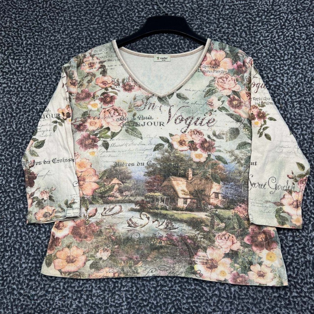 Cactus Shirt Women Large V-Neck 3/4 Sleeve Floral Swan Cottagecore Graphic L